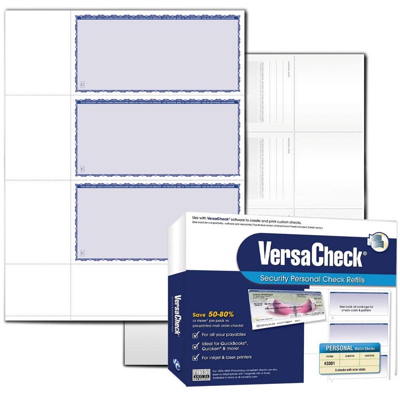 VersaCheck Secure Checks - 750 Blank Business or Personal Wallet Checks - Blue Premium - 250 Sheets Form #3001 - 3 Per Sheet - Image 1
